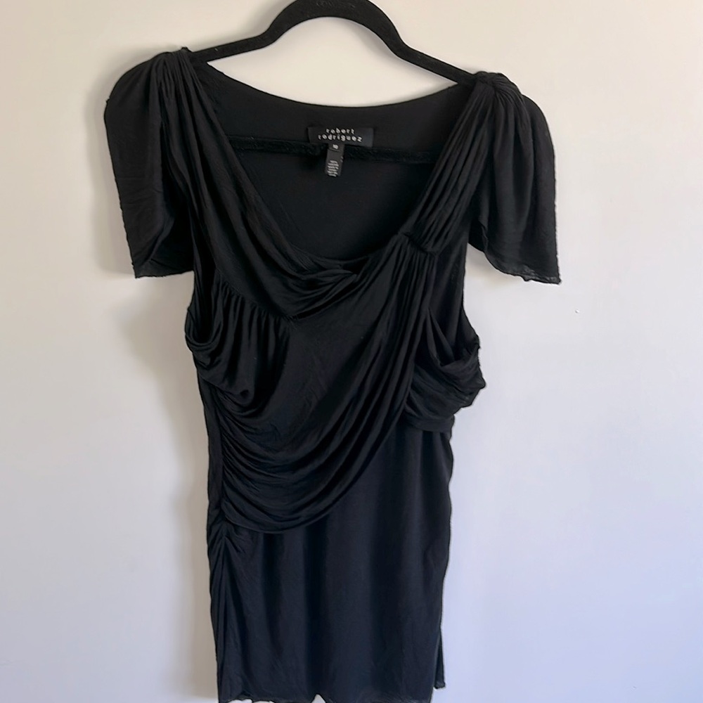 Vintage Black Knit Twist  Double Layer Cap Sleeves Robert Rodriguez Gathered Top